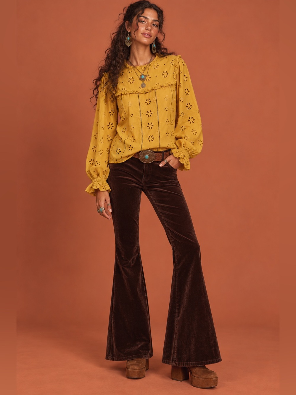 J. Crew Eyelet Lace Mustard Ruffle Blouse Size M cotton